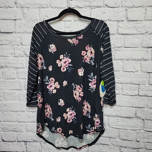 Boutique Plus  women's 1X Floral Tunic‎ 3/4 Sleeve Black stripe NWT Blouse Flowy